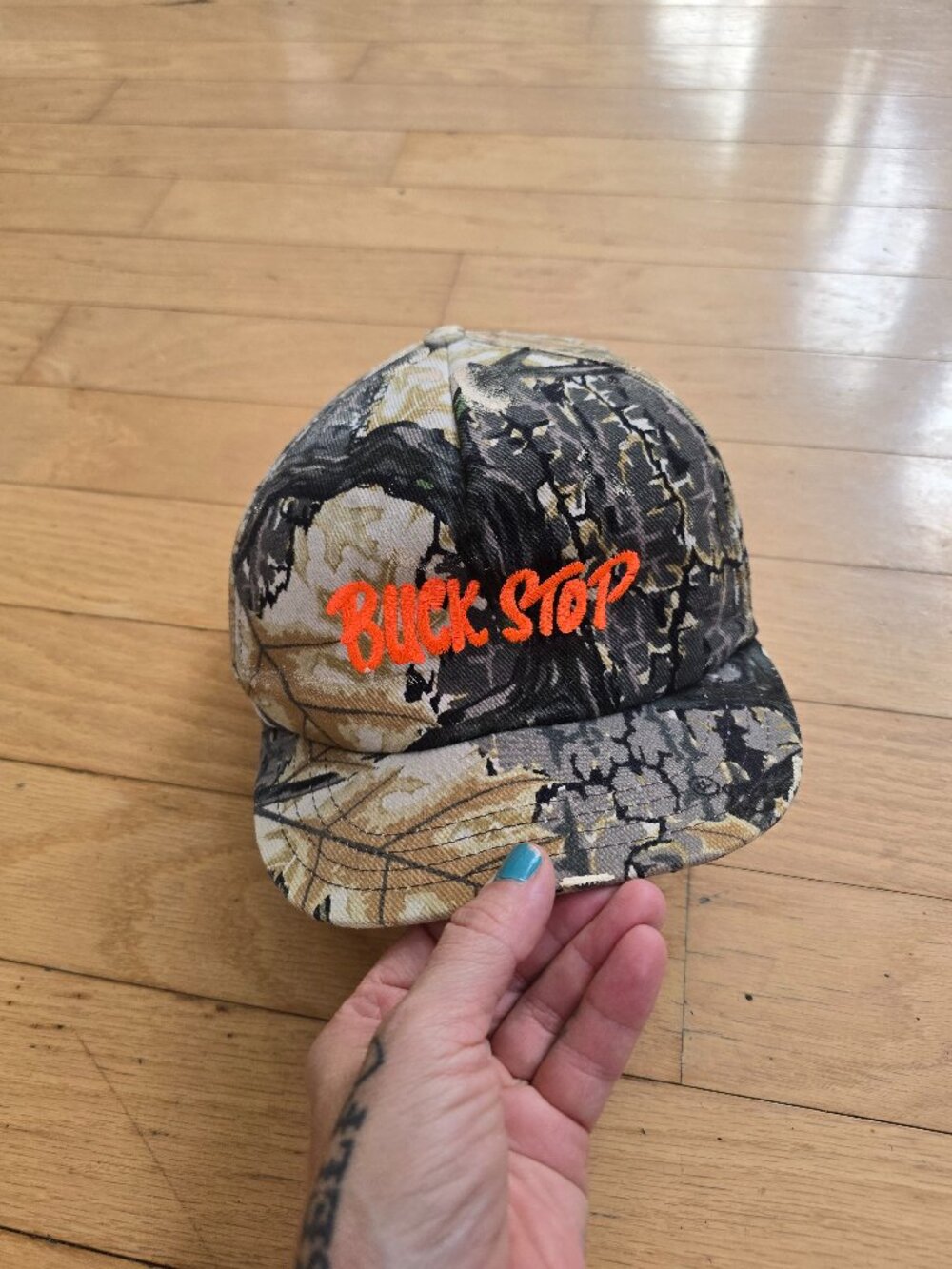 Vintage 90s Buck Stop Camo Blaze Orange Embroidered Hunting Made in USA Snapback